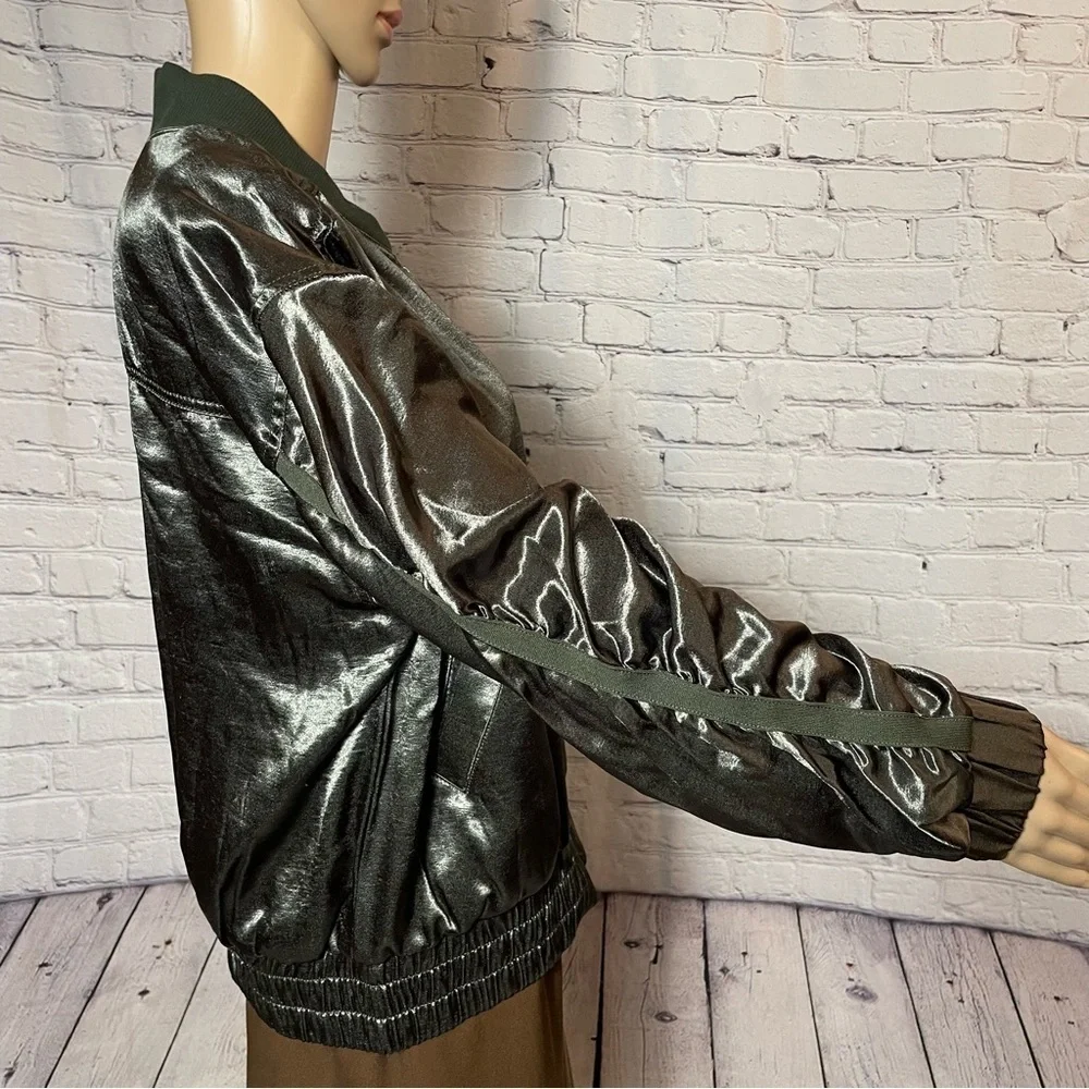 New Free People Movement Relay Zip-Up Olive Satin Bomber Jacket Size M